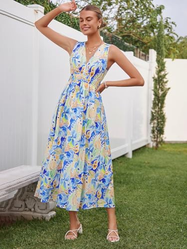 womens summer sleeveless v neck boho long dress floral print midi sundress