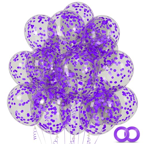 Image of 100pcs Purple Confetti Balloons 12 Inch Clear Latex Balloon with Purple Confetti Inside for Balloon Garland or Arch Birthday Anniversary Graduation Engagement Wedding Party Decorations