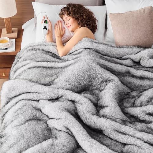 Image of Heated Electric Blanket Twin, Octrot 60"X80" Faux Fur Heating Blanket Luxury Christmas Gifts Heavy Plush with 10 Heats Levels & 8 Hours Auto Off,Super Cozy Warm Fuzzy,Fluffy Decor Winter Warming,Grey