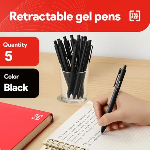 Image of TRU RED Retractable Gel Pens, Medium Point 0.7mm, Black Ink, 5 Pack - Quick‑Dry Pens for No‑Smear Notes & Office Writing