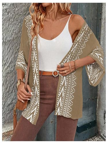 Image of WDIRARA Women's Tribal Boho Cardigans Open Front Knit Lightweight Short Sleeve Kimonos Sweater