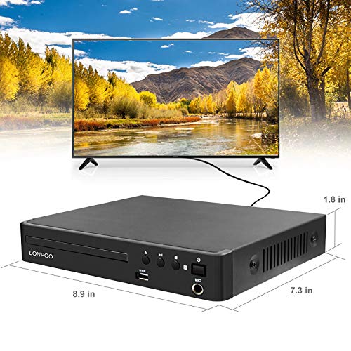LONPOO Compact DVD CD Player Codefree Multi Region Play, Support 1080P Upscaling, HDMI & AV Output (Cable Included), USB2.0 Port Input, Mic Port