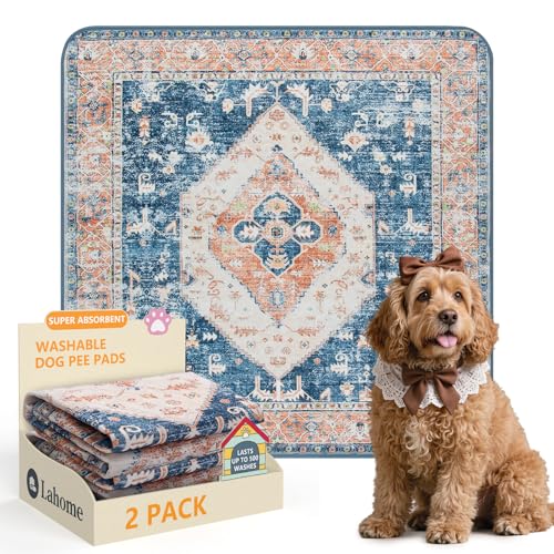Image of Lahome Super Absorbent & Leakproof Washable Dog Pee Pads - 2 Pack Value Set - Waterproof, Non-Slip Reusable Pads for Puppy Training, Crates & Whelping (24 inchx24 inch, Beige Blue)
