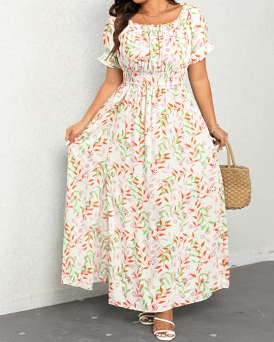Image of Holipick Women's Off The Shoulder Boho Dress Plus Size Floral Smocked Waist Split Summer Maxi Sundress with Pockets