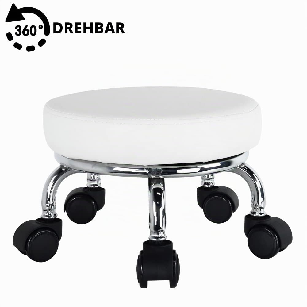 WKWKER Rollsitz PU Leder Low Round Rollhocker Kleiner Hocker mit Universal Drehrollen Rollen für Home Office Garage Shop Fitness Sport, H: 21.8cm (Weiß)