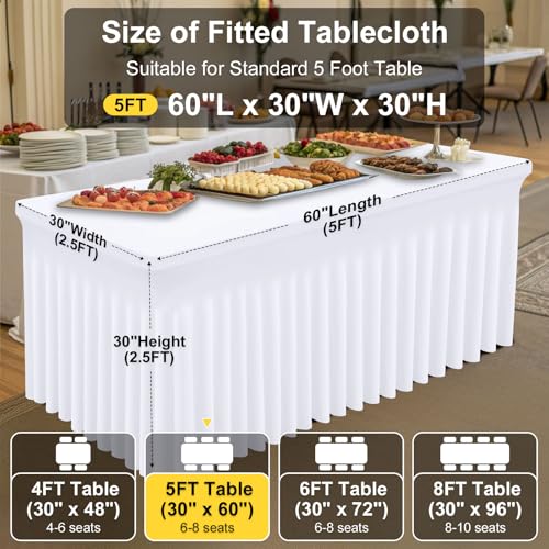 Image of Smiry Spandex Elastic Fitted Table Cloth Skirt for 5FT Rectangle Table | Stretch Washable Table Cloth, Banquet Table Cover for Wedding, Party, Indoor & Trade Shows, (White, 60Lx30Wx30H)