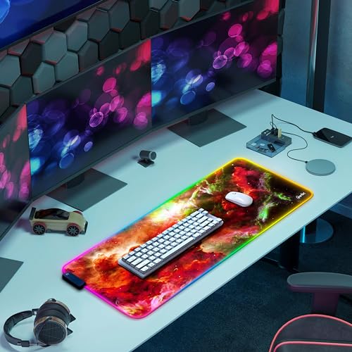 Image of Gerlos RGB Gaming Mouse Pad, Large LED Desk Mat, 31.5 x 11.8 Inch | 12 light modes, non-slip base, water-resistant surface, stitched edges