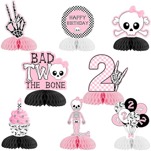 Jollyboom Bad 2 The Bone Party Decorations Girl, 8Pcs Rock Theme Honeycomb Centerpieces Double-sided Printing Table Decoration for Girl Rock Music 2 Year Old Birthday Born Two the Bone Party