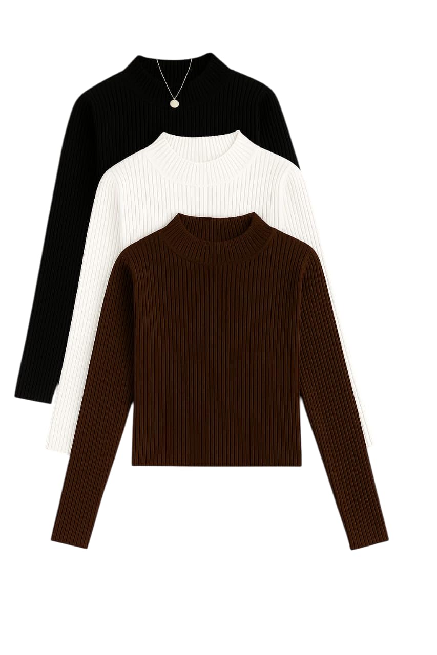 black velour Women’s Ribbed Lycra High Neck Full Sleeve Top | Stretchable Slim Fit Casual Wear for Winter & Layering (Pack of 3)-picture-59