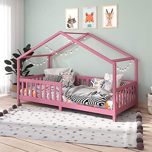 IDIMEX Lit cabane Enfant 90x190 cm LISAN lit Simple Montessori avec Barrières de Protection en Pin Massif lasuré Rose