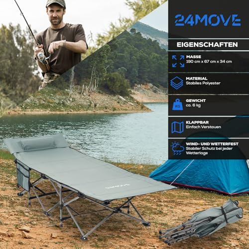 24MOVE® Feldbett Campingbett bis 150 kg In-und Outdoor Camping faltbar, 190 x 67 x 34cm, tragbar mit Tasche, für Garten oder Reisen, grau – Bild 3