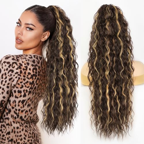 Rosooi Extensión de cola de caballo de 26 pulgadas de largo, color marrón chocolate con rubio caramelo, para mujer, extensiones de cola de caballo sintética larga rizada, ondulada, con clip, para uso