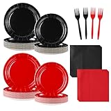 96 Pcs Red and Black Party Supplies Black and Red Party Plates Disposable Black Red Paper Plates and Napkins Tableware Set for Red and Black Birthday Party Decoration Fiesta Halloween Serves 24