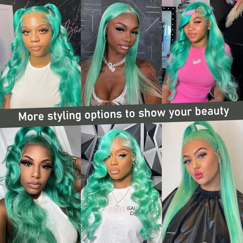 Image of Mink Green Straight Human Hair Wig 26inch Green Lace Front Wig 200% Density | 13x4 UHD Transparent Lace Front Human Hair Wig 100% Virgin Brazilian Straight Hair Green Lace Front Wigs Human Hair For Women