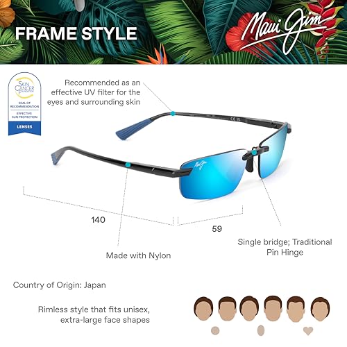 Image of Maui Jim Men's & Women's Ilikou Polarized Rectangle Sunglasses, Shiny Black W /Blue /Blue Hawaii Polarized, Extra large