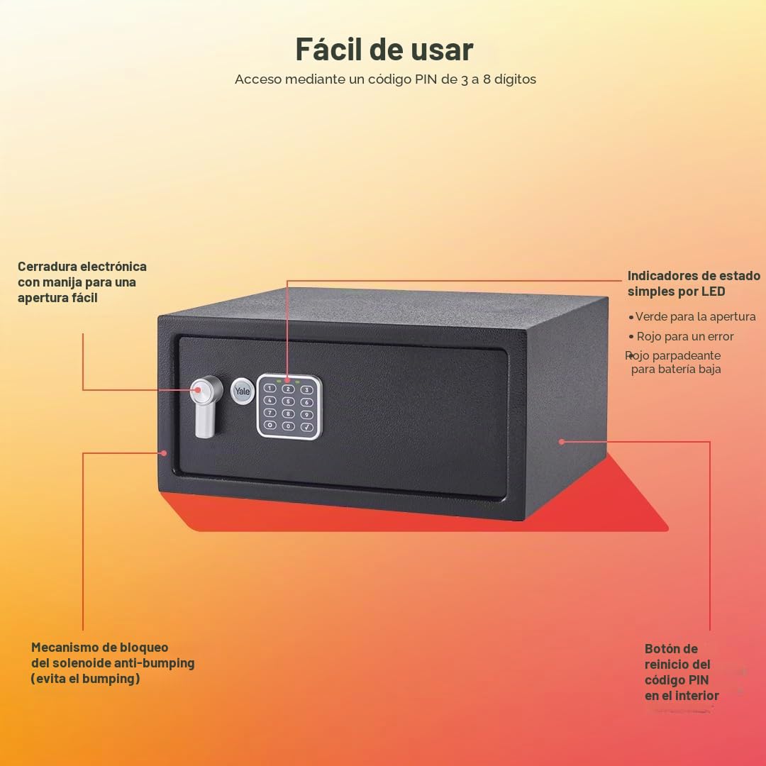 Yale Caja Fuerte Electrónica Portátil YLV/200/DB2, Negro, PIN Digital 3–8 dígitos, 2 llaves, ideal para portátiles y objetos de valor en casa u oficina