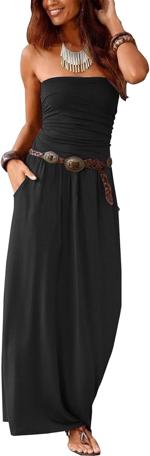Women?S Strapless Bandeau Summer Long Dress Casual Strapless Beach Sundress Off Shoulder Party Maxi Dress with Pockets