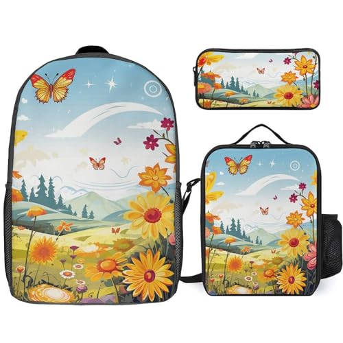 Sac à dos ordinateur avec sac à déjeuner et trousse à motifs nature pour homme et femme