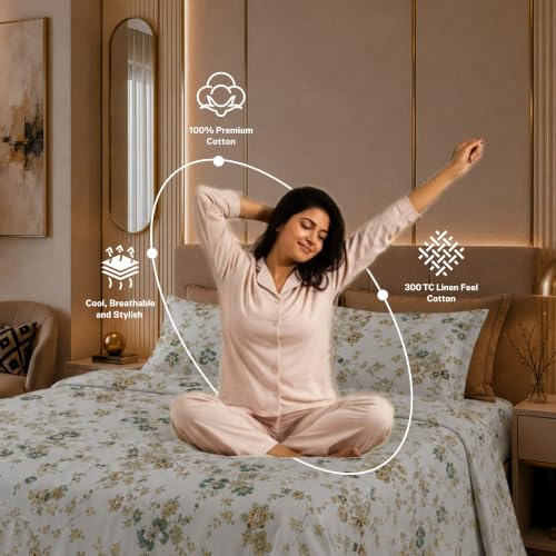 Image of Jaipur Weaves Cotton Linen Feel King Size Bedsheet 108x108 Super King, 100% Pure Cotton Bed Sheet with 2 Pillow Covers, 300 TC Soft Breathable Floral Design Bedding -(Vintage Yellow, Super King)