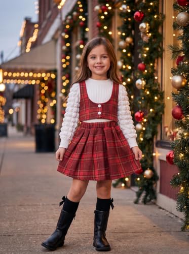 Image of Toddler Girls Fall Winter Outfits Girls Puff Sleeve Knit Ribbed Tops Button Down Vest Plaid Skirt Set Fall Clothes