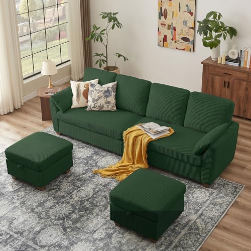 Image of Sectional Sofa with Dual Storage Ottomans, 4 Seat U Shaped Couches for Living Room: Soft Corduroy | Double Movable Chaise Ottoman | Modern Reversible Convertible Couch Set, Green