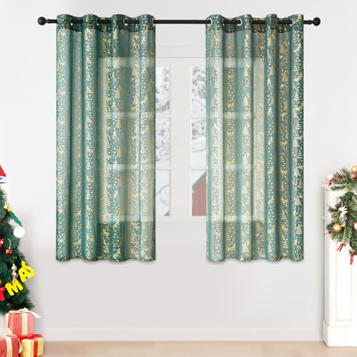 MRTREES - Tende natalizie con occhielli, tenda corta verde, trasparente, per cameretta dei bambini, 137 x 140 cm (altezza x larghezza), set da 2 pezzi, motivo alberi di Natale