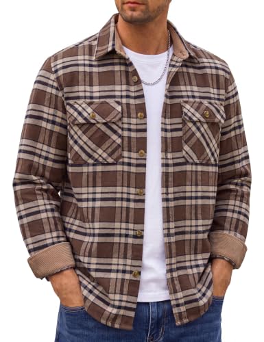 Image of Cotrasen Mens Flannel Shirts Cotton Plaid Button Down Shirt | Long Sleeve, Corduroy Collared, Soft,Breathable, Work, Western, Trendy, Casual Classic Flannel Shirt with Pocket