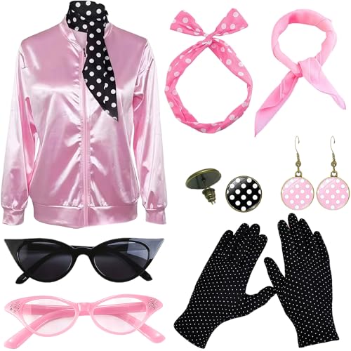 MUNSKT Casaco rosa para mulher, fantasia dos anos 50, casaco rosa dos anos 50 com acessórios, fantasia de cosplay para o Halloween, S)