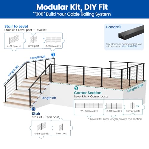 Barandilla de cable modular negra ajustable de 4 a 8 pies para cubiertas 4