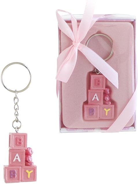 Lunaura Baby Keepsake - Set of 12"Girl" Teddy Bear Sitting on Baby Blocks Key Chain Favors - Pink