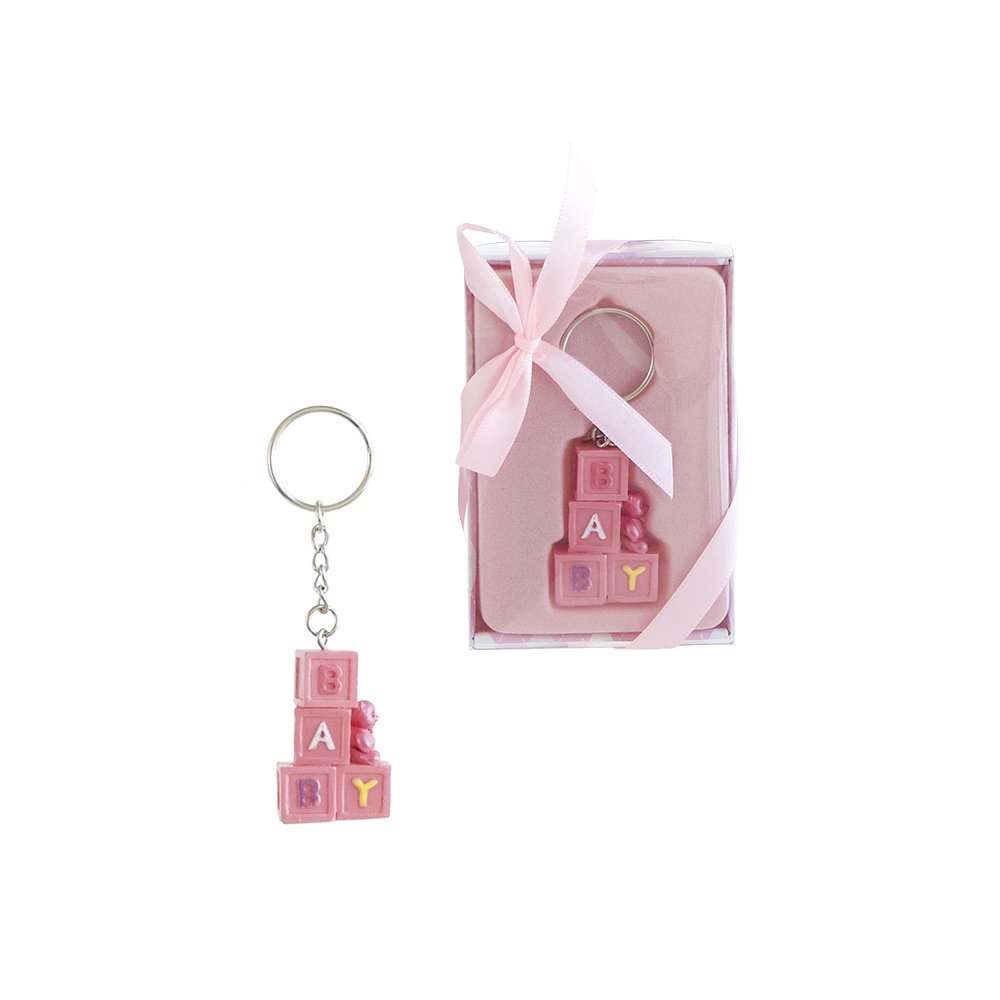 Lunaura Baby Keepsake - Set of 12"Girl" Teddy Bear Sitting on Baby Blocks Key Chain Favors - Pink
