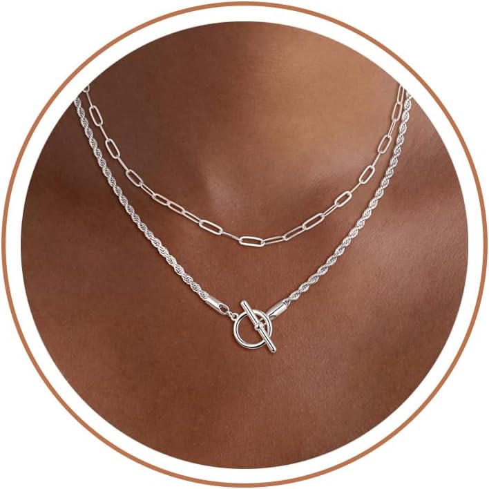 Collar de plata para mujer, collar de capas de moda, collares de cadena con clip de plata, collar de palanca de cuerda para mujer, collares de plata gruesos, cadenas, joyería de plata delicada para ella
