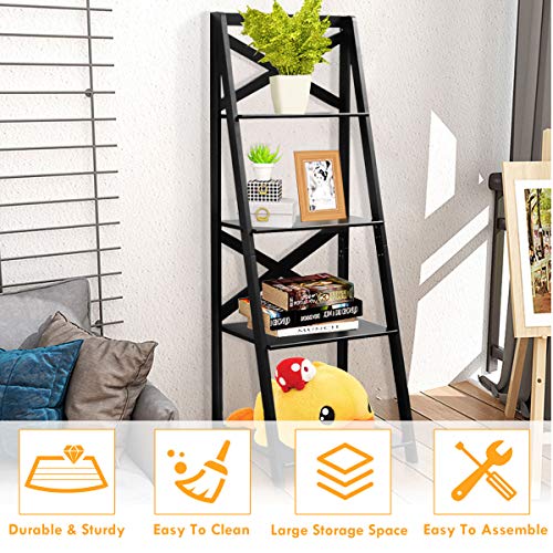 Tangkula 4-Tier Ladder Shelf Bookcase Leaning Free Standing Wooden Frame Decor Bookshelf Storage Flower Shelf Plant Display Shelf for Home Office