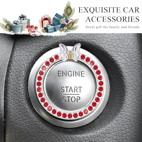 Image of DXNQ 2PCS Bling Ring Emblem, Sparkling Butterfly Car Buttons and Knobs Ring, Girly Butterfly Diamond Car Engine Start Button Cover, Key Ignition Knob Rings Decoration for Women (Red, Single Row)