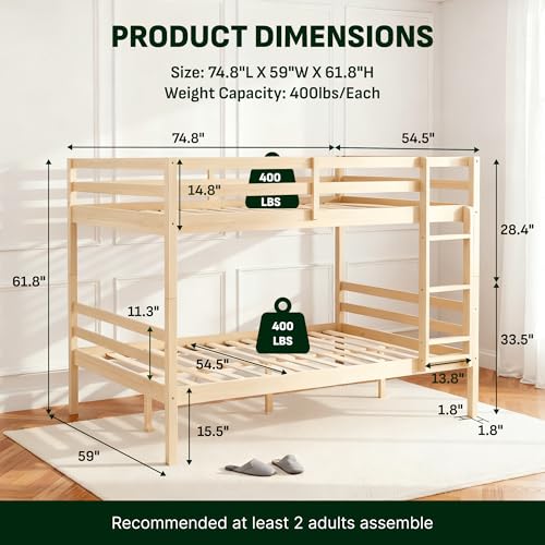 Image of Full Over Full Bunk Bed with Ladder, Solid Wood Bunk Bed with High Guardrail and Ladder for Kids, Teens, Dorm Rooms, and Guest Rooms, No Box Spring Needed, Wood