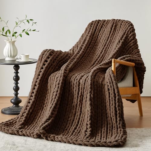 Negwoo Grobstrick-Überwurfdecke, 76,2 x 101,6 cm, Chenille-Garn für Bett, Couch, handgefertigt, Dunkelbraun, gehäkelt, groß, dick… – Ansicht 1