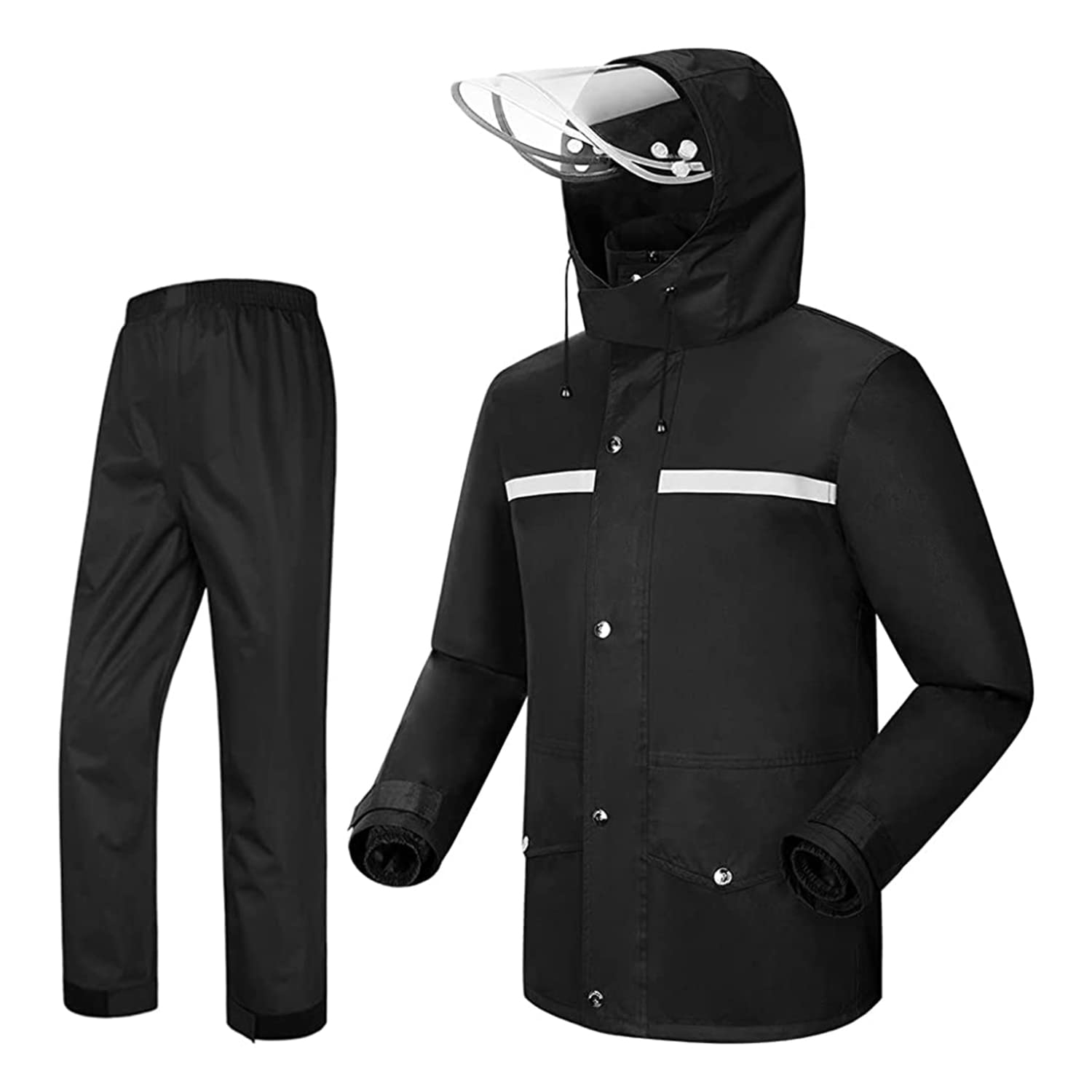 AllExtreme Two-Piece Rain Suit with Transparent Face Shield Detachable Hood Two Pockets Men Water Resistant Rain Jacket with Carry Pouch (XXL, Black)-image-8