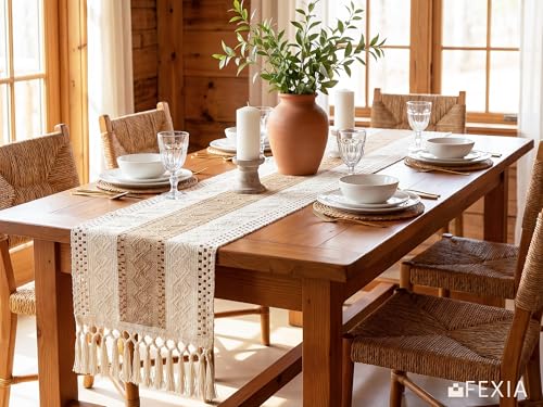 Image of Boho Table Runner 12x72 for Fall Home Decor Tassels Dresser Runner | 72 Inches Long Modern Farmhouse Rustic Burlap Table Decoration for Bedroom Living Dining Room Baby Shower Autumn Decor