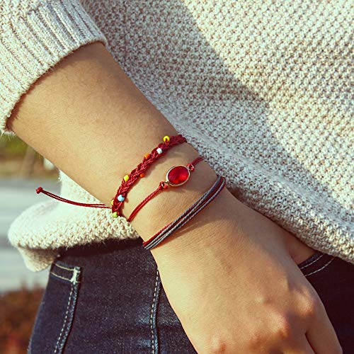 Lynnaneo July Birthstone Bracelets Beaded Boho Bracelets Burgundy Rope Bracelets Cute Braided String Bracelet Sets Waterproof Beach Surfer Jewelry (July) #TOP2