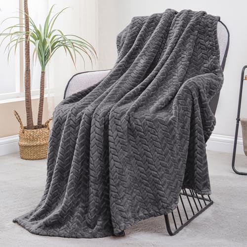 Image of Exclusivo Mezcla Dark Grey Fleece Throw Blanket for Couch and Bed, 50x70 Inches Soft Cozy 3D Decorative Jacquard Flannel Blankets, Lightweight Fuzzy Plush Warm Throws for All Seasons