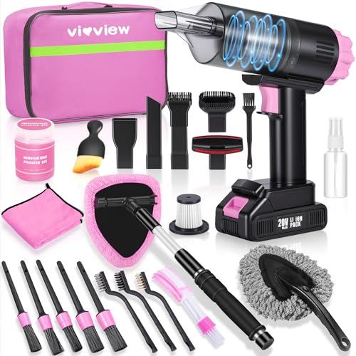 vioview 25pcs Car Cleaning Kit Pink Interior Detailing Kit with High Power Vacuum Portable Cordless Handheld Vacuum Cleaner for Home Car Pet Hair Keyboard Complete Auto Accessories for Gift
