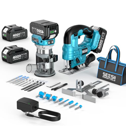SEESII Jig Saw, Cordless Jigsaw Tool with 2×2.0Ah Batteries and Charger, ±45° Bevel Cuts, 4 Orbital Action for Wood Cutting, Variable Speed, Mini Jigsaw with 9 Blades, LED Light, Lock, Stora