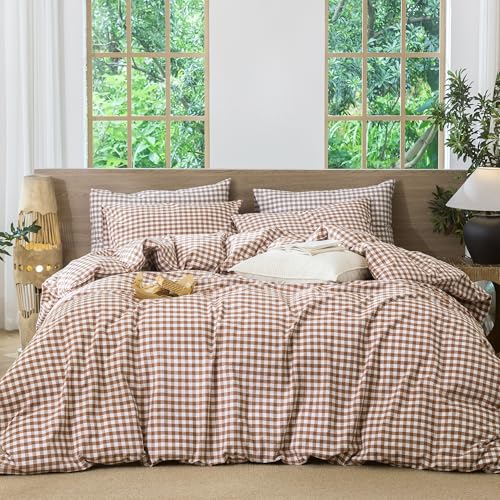 Image of MooMee Gingham Duvet Cover Set 100% Washed Cotton Linen Like Textured Breathable Durable Soft Comfy Modern Checkered Design (Dark Orange Gingham, Full 80 inchx90 inch)