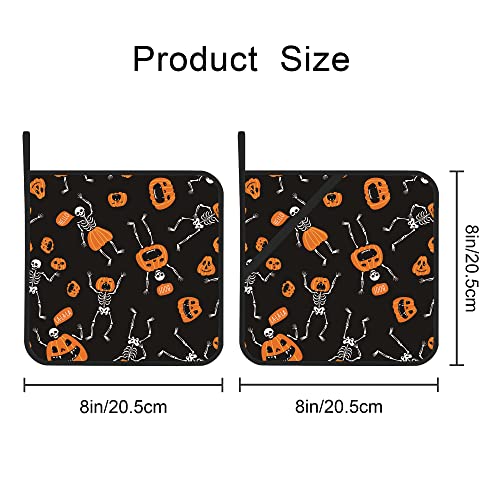 Halloween Skeletons With Pumpkins Pot Holders Set Of 2 Kitchen Heat Resistant Potholder For Microwave Cooking Baking Oven End Dishes And Bbq #TOP1