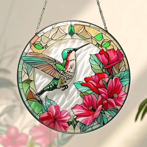 Handmade Stained Glass Hummingbird Suncatcher, 8 inch Real Glass Window Hanging Hummingbird Gifts for Bird Lovers Sun Catcher Indoor Decor Birds Painted Catcher