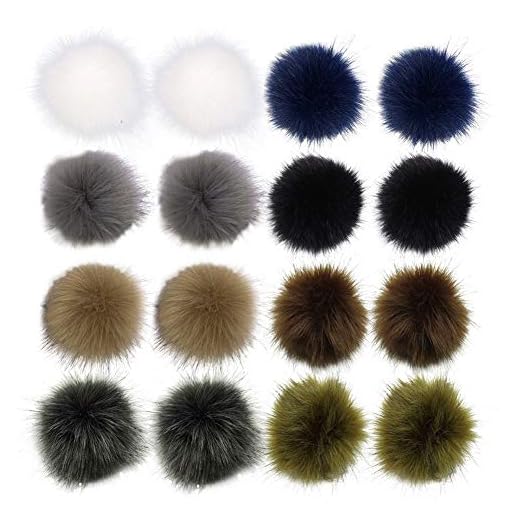 16 st Fuskpäls pom pom-bollar, färgglada fuskpäls fluffig pompoms boll med elastisk ögla, avtagbar gör-det-själv päls pompompoms för stickning mössor halsdukar handskar skor väskor nyckelringar tillbehör mörk färg