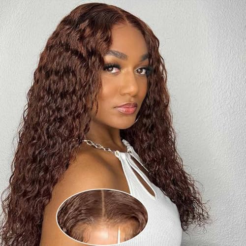 Image of Wear and Go Glueless Wigs Human Hair Pre Plucked Pre Cut Chocolate Brown Lace Front Wigs for Black Women 180 Density Water Wave Wig Human Hair Colored Curly Wig (Chocolate Brown Color, 20 Inch)