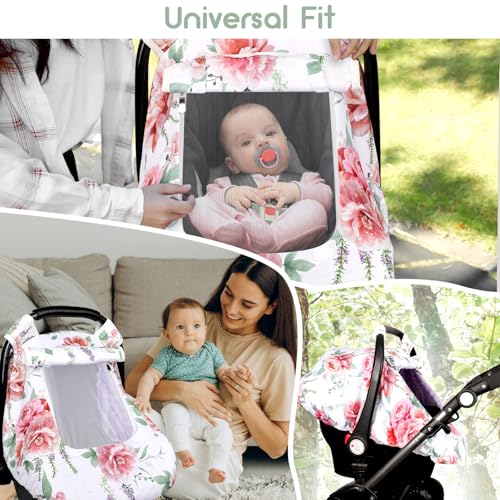 Image of Baby Carseat Cover Girls, Pea Pod Floral Infant Car Seat Covers Canopy for Newborn with 2 Layers Windows of Breathable Mesh /Fabric, Lightweight Polyester /Minky Dot Backing, Snug Fit Most Baby Car Seat