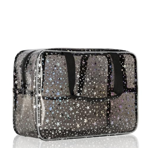 Neceser de cosméticos impermeable de PVC, bolsa de aseo portátil, transparente, con asa y cremallera, para viajes, diseño de estrellas, negro