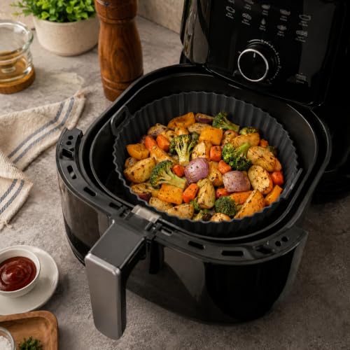 Image of Cutting EDGE Silicone Air Fryer Basket | Non Stick & Reusable Baking Tray | Round Liners with Ear Handles, Heat Resistant Oven Cooking Accessories (Set of 2, Black & Grey - Color)